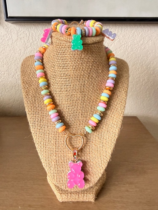 Betsey Johnson Jewelry - Kids Multicolor Candy Bead Necklace  and Bracelet Set with Pink Gummy Bear